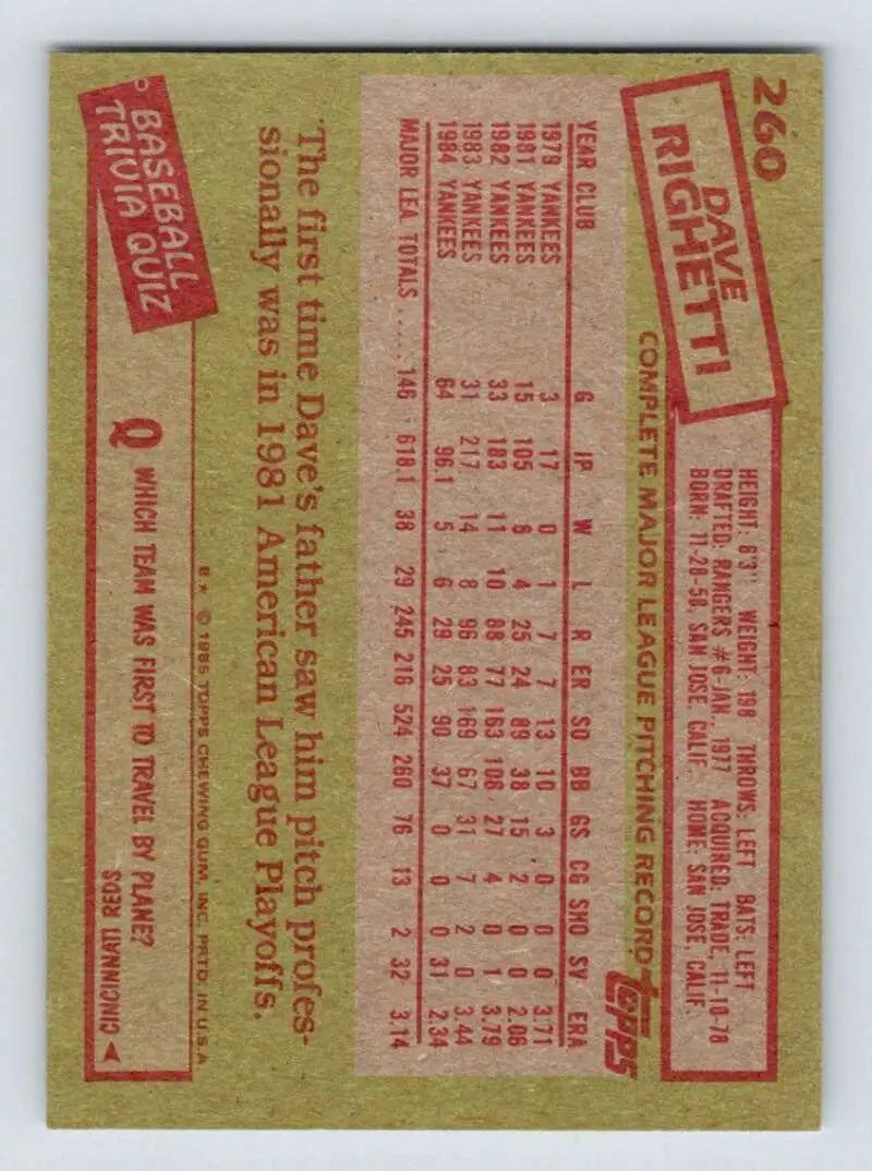 1985 Topps #260 Dave Righetti EX Excellent New York Yankees Baseball Card - Baseball Card Single