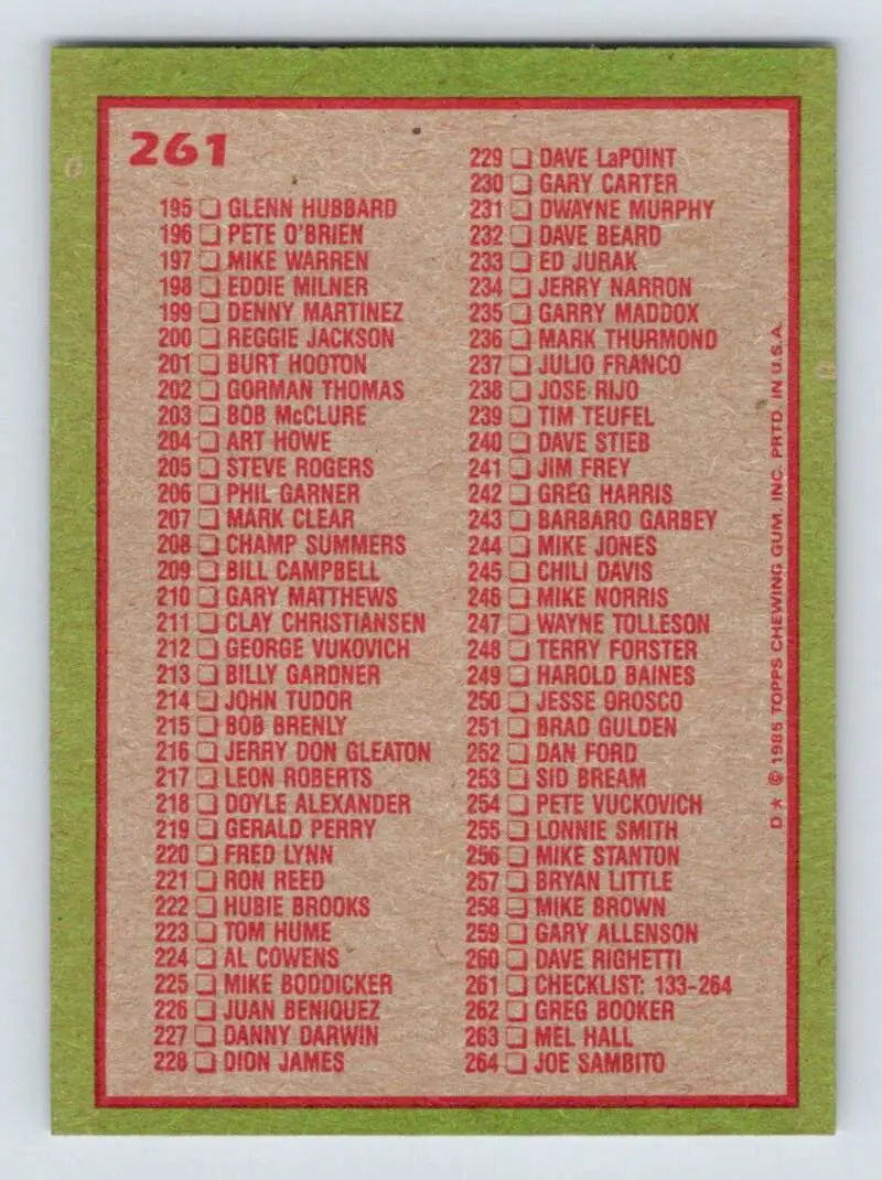 1985 Topps #261 Checklist: 133-264 EX Excellent Baseball Card - Baseball Card Single