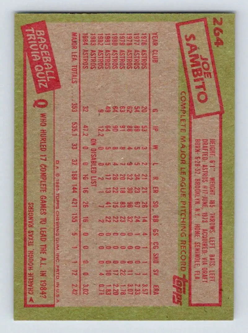 1985 Topps #264 Joe Sambito EX Excellent Houston Astros Baseball Card - Baseball Card Single