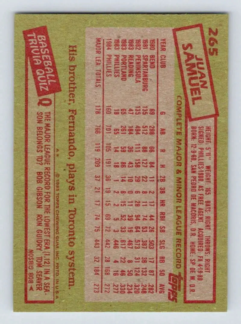 1985 Topps #265 Juan Samuel EX Excellent Philadelphia Phillies Baseball Card - Baseball Card Single