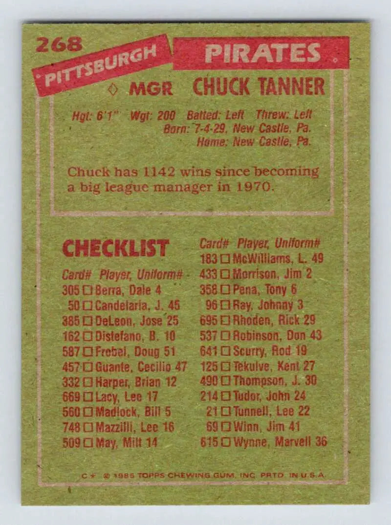 1985 Topps #268 Chuck Tanner EX Excellent Pittsburgh Pirates Baseball Card - Baseball Card Single