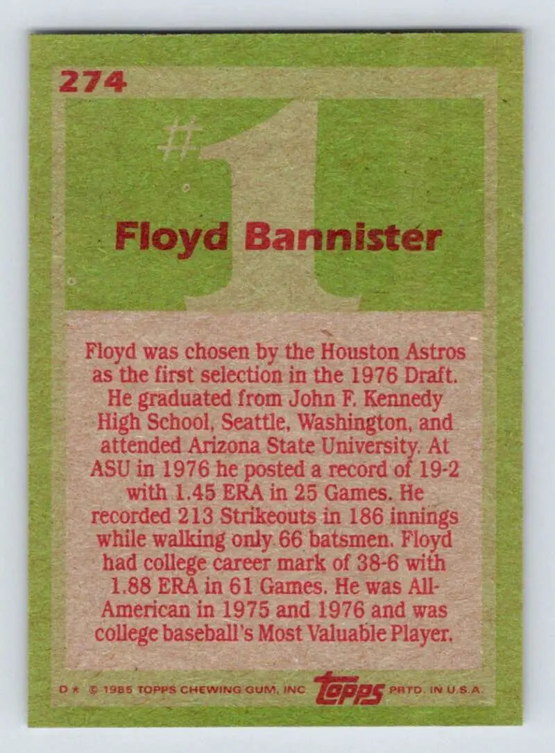 1985 Topps #274 Floyd Bannister EX Excellent Houston Astros Baseball Card - Baseball Card Single