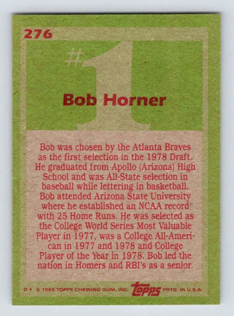 1985 Topps #276 Bob Horner EX Excellent Atlanta Braves Baseball Card - Baseball Card Single