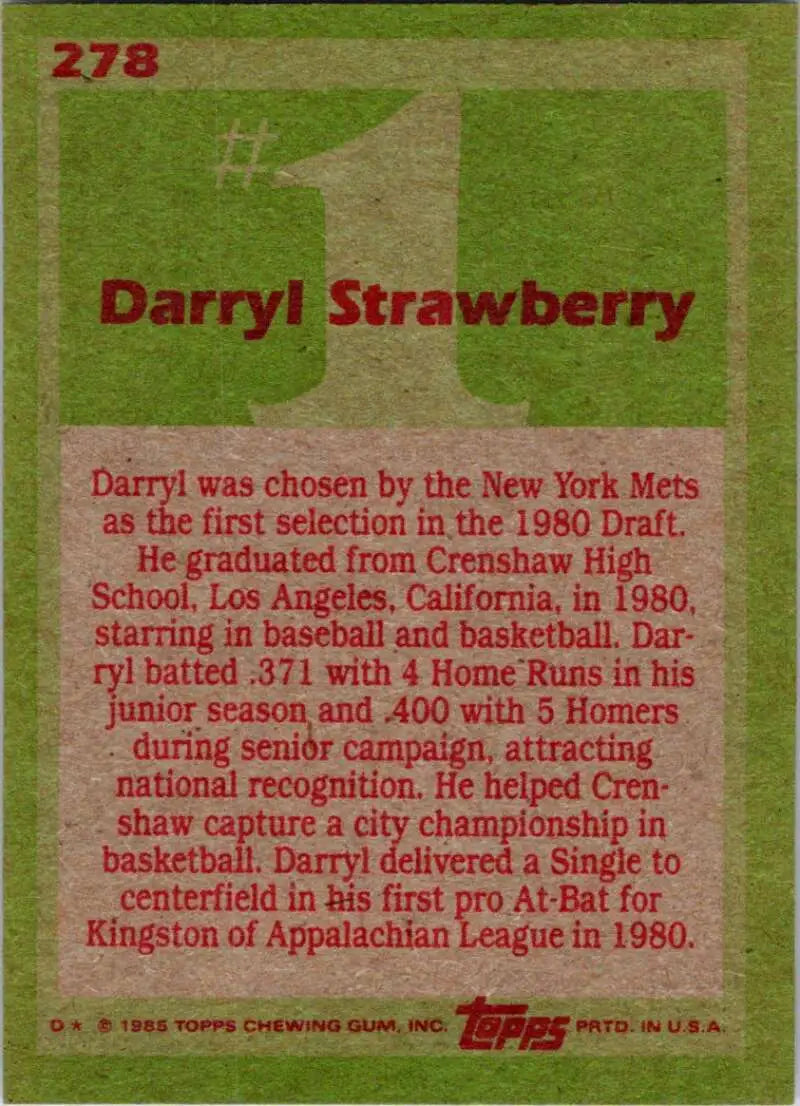 1985 Topps #278 Darryl Strawberry EX Excellent New York Mets Baseball Card - Baseball Card Single