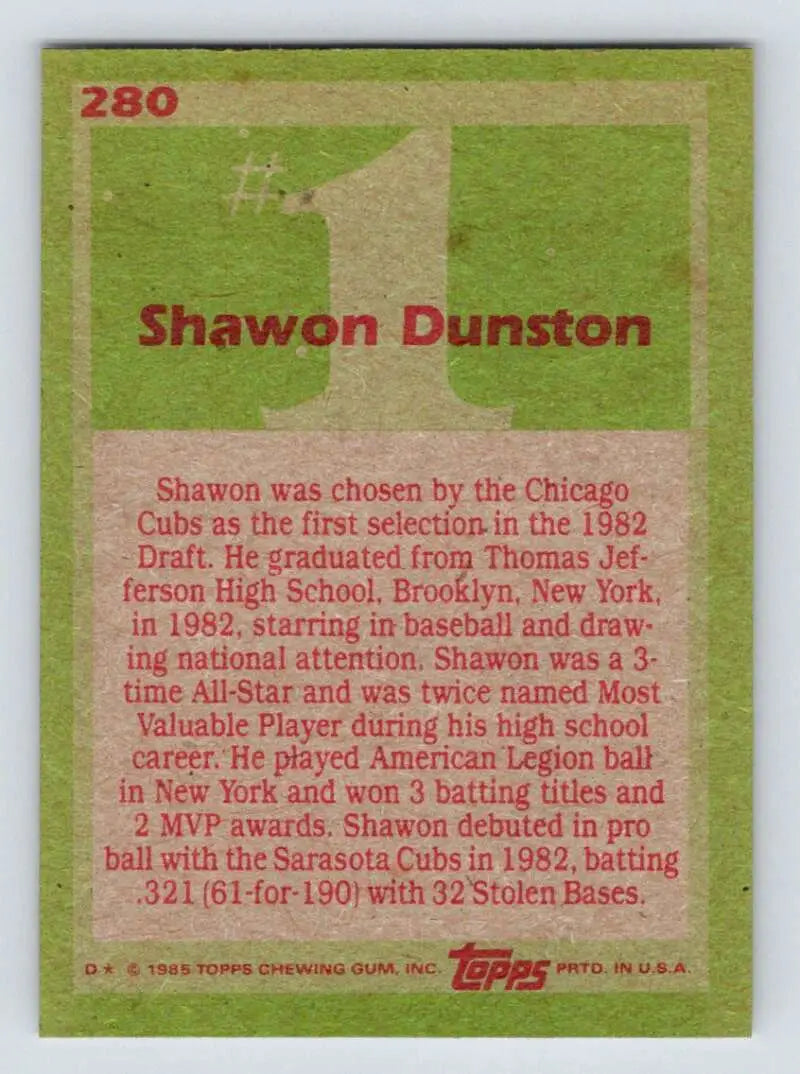 1985 Topps #280 Shawon Dunston EX Excellent RC Rookie Chicago Cubs Baseball Card - Baseball Card Single