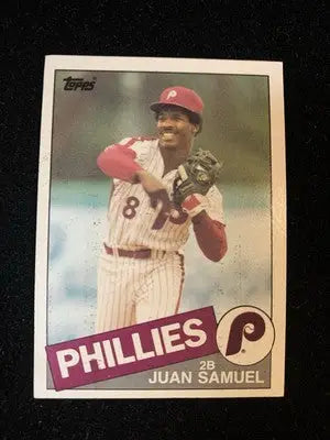 Juan Samuel baseball card from 1985 Topps #285 Philadelphia Phillies odd variation