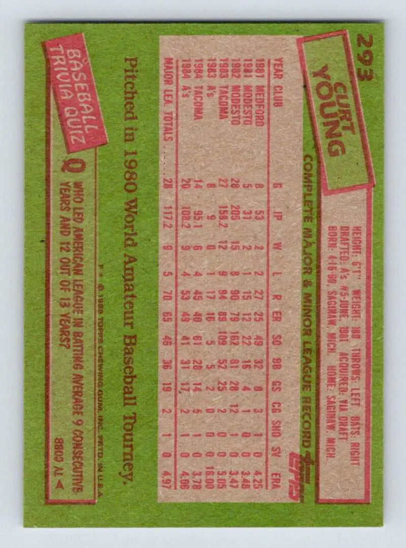 1985 Topps #293 Curt Young EX Excellent Oakland Athletics Baseball Card - Baseball Card Single