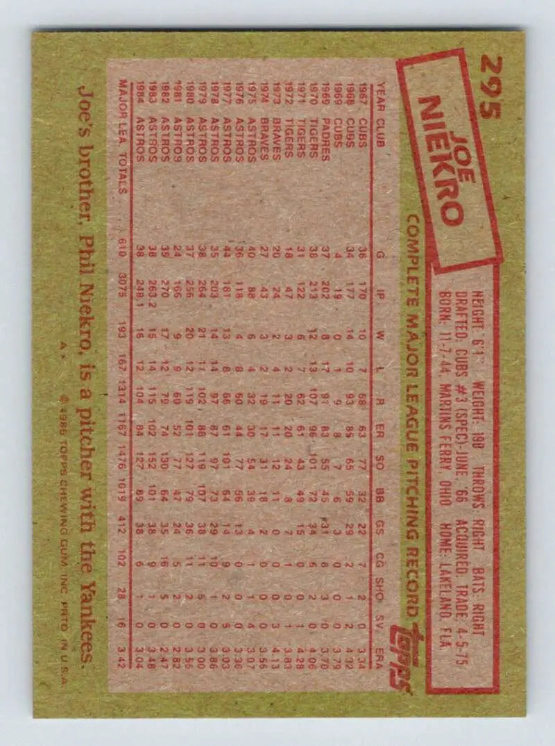 1985 Topps #295 Joe Niekro EX Excellent Houston Astros Baseball Card - Baseball Card Single
