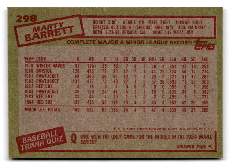 1985 Topps #298 Marty Barrett EX Excellent Boston Red Sox Baseball Card - Baseball Card Single