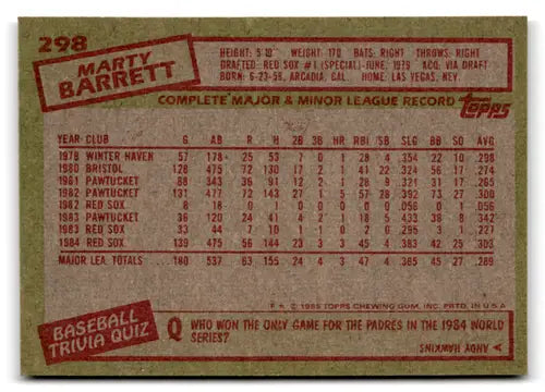 1985 Topps #298 Marty Barrett EX Excellent Red Sox ID:77350 - Baseball Card Single