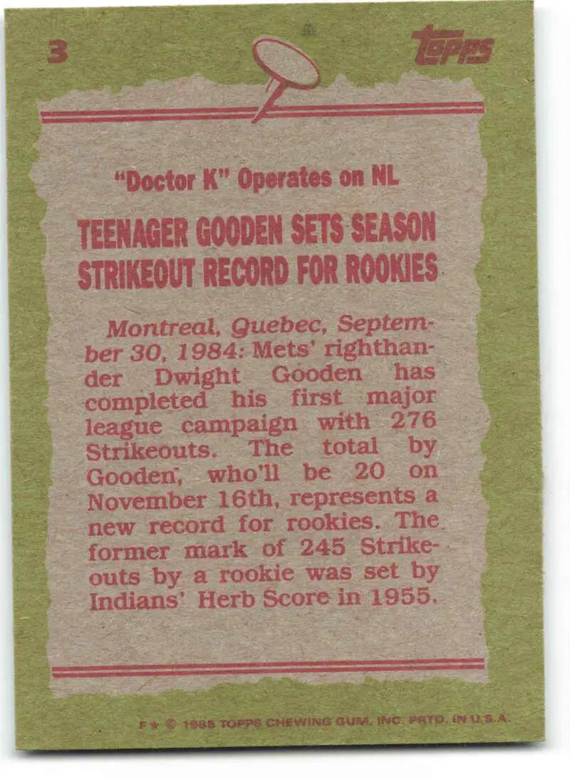 1985 Topps #3 Dwight Gooden EX Excellent New York Mets Baseball Card - Baseball Card Single