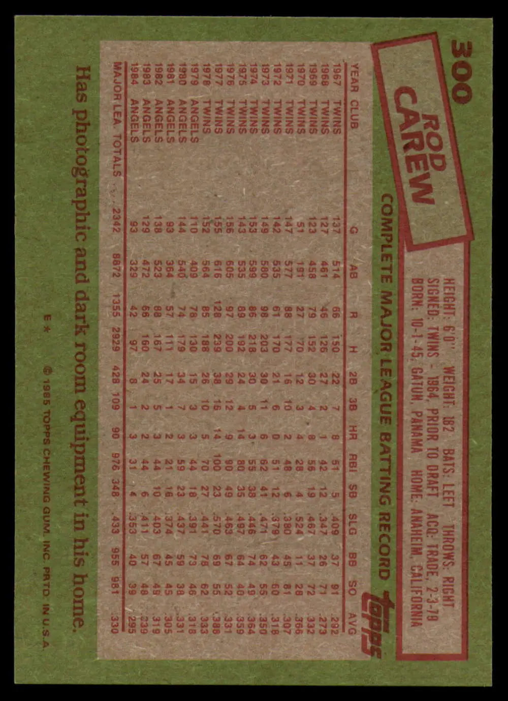 1985 Topps #300 Rod Carew EX Excellent California Angels Baseball Card - Baseball Card Single