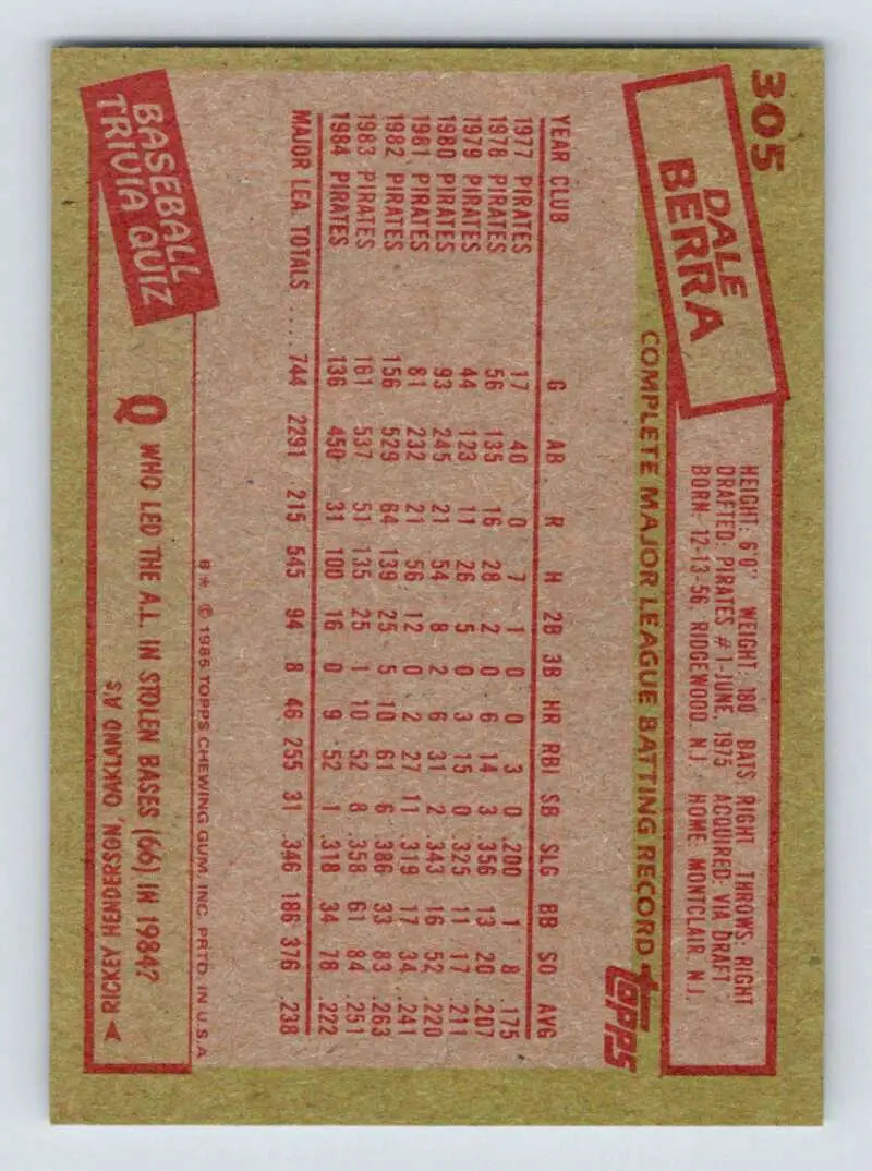 1985 Topps #305 Dale Berra EX Excellent Pittsburgh Pirates Baseball Card - Baseball Card Single