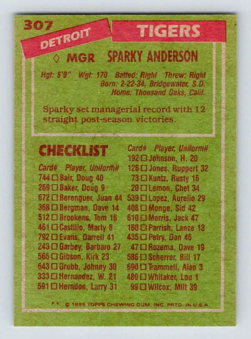 1985 Topps #307 Sparky Anderson EX Excellent Detroit Tigers Baseball Card - Baseball Card Single