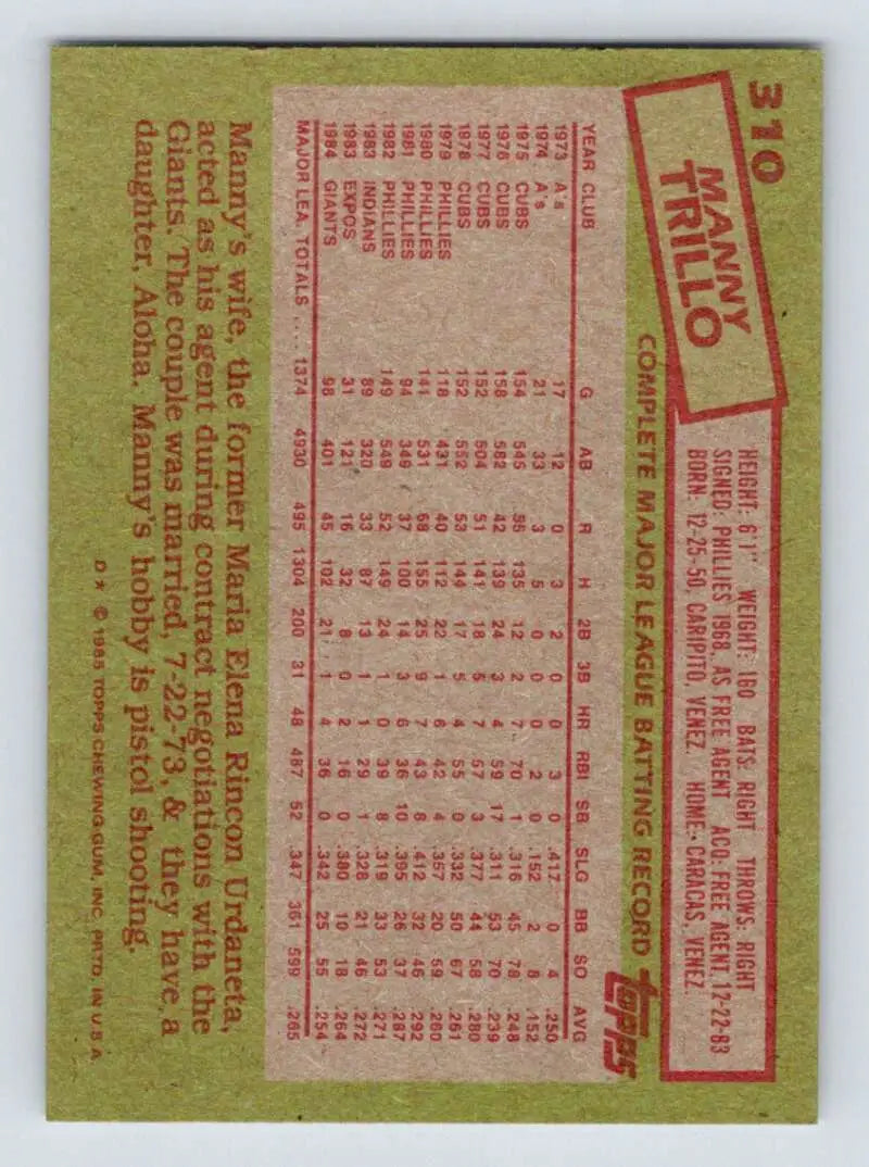 1985 Topps #310 Manny Trillo EX Excellent San Francisco Giants Baseball Card - Baseball Card Single