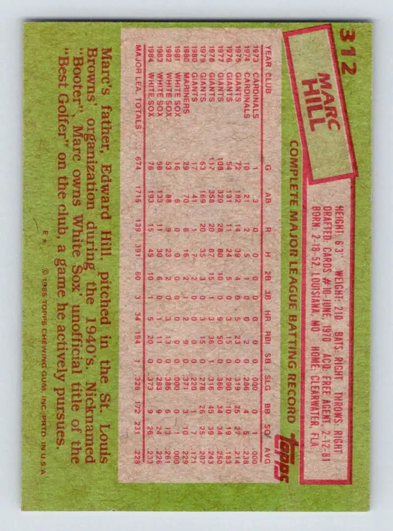 1985 Topps #312 Marc Hill EX Excellent Chicago White Sox Baseball Card - Baseball Card Single