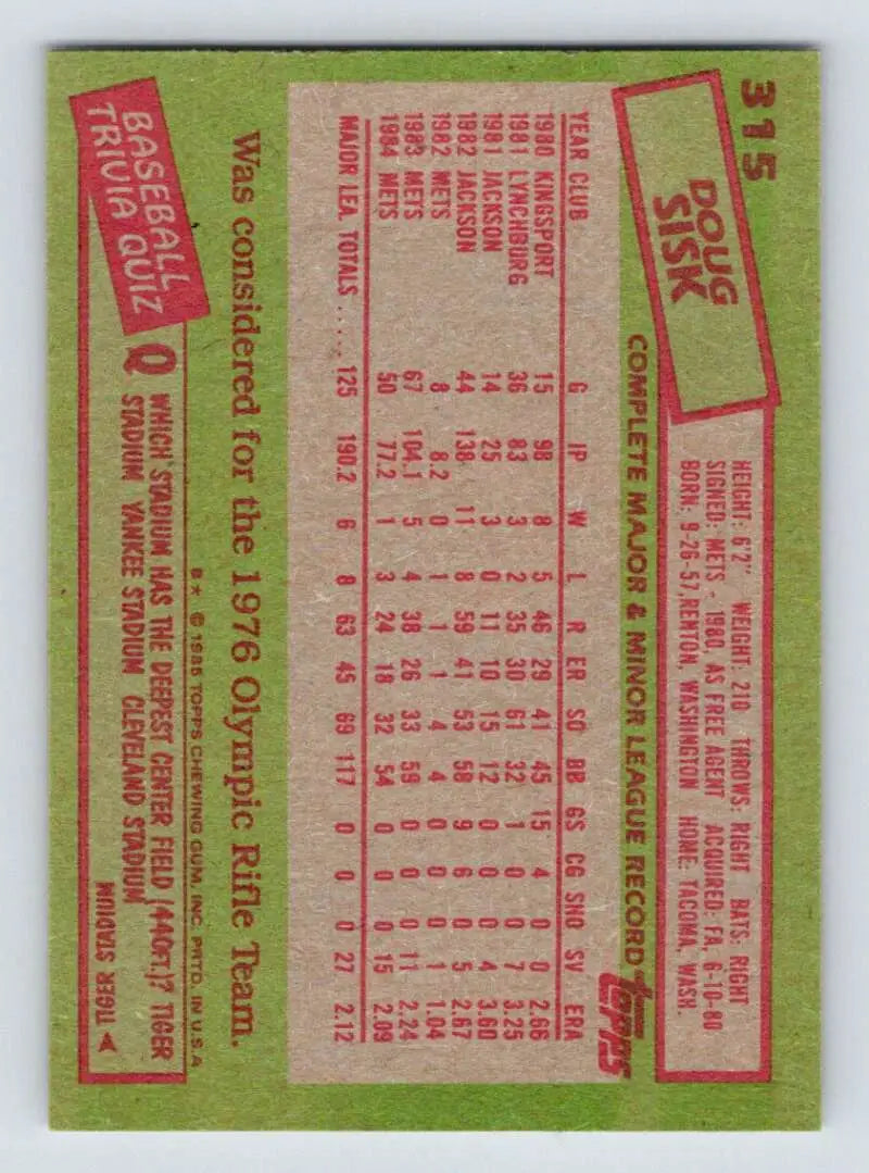 1985 Topps #315 Doug Sisk EX Excellent New York Mets Baseball Card - Baseball Card Single