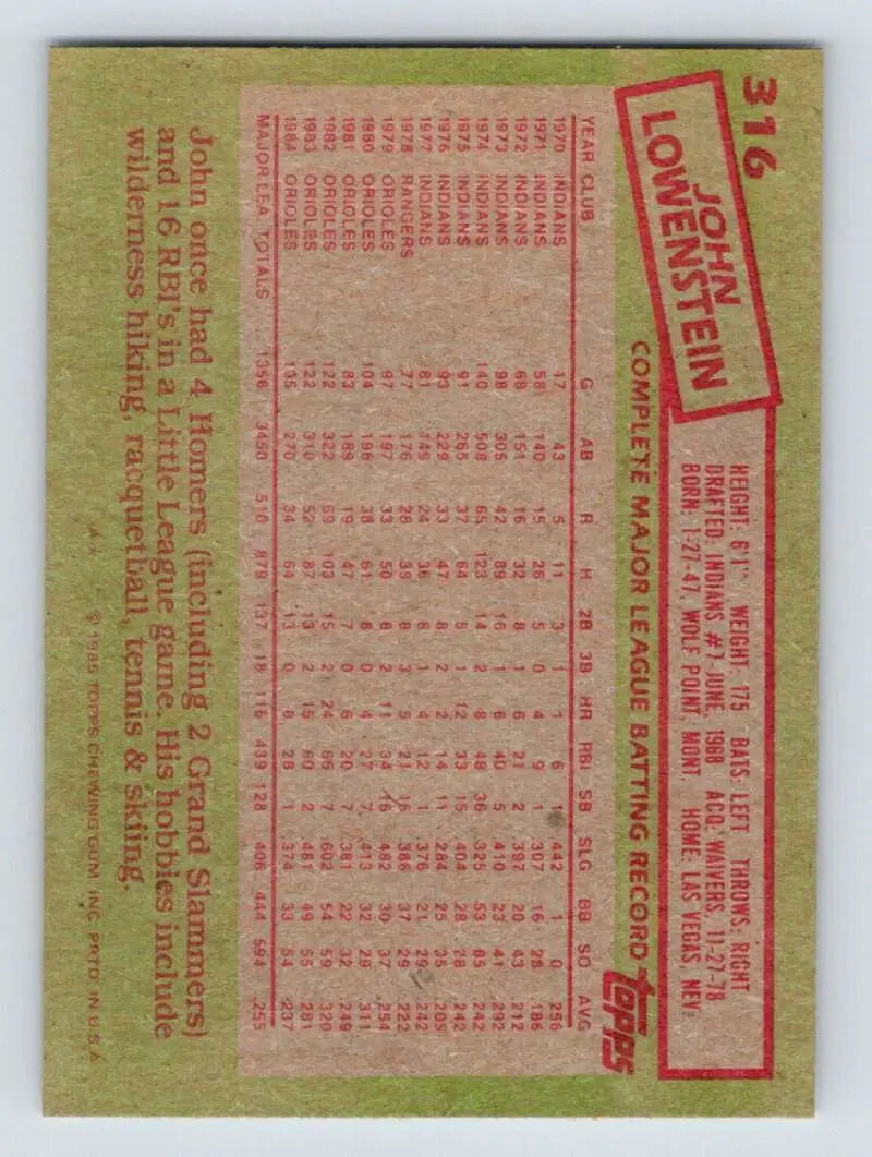 1985 Topps #316 John Lowenstein EX Excellent Baltimore Orioles Baseball Card - Baseball Card Single