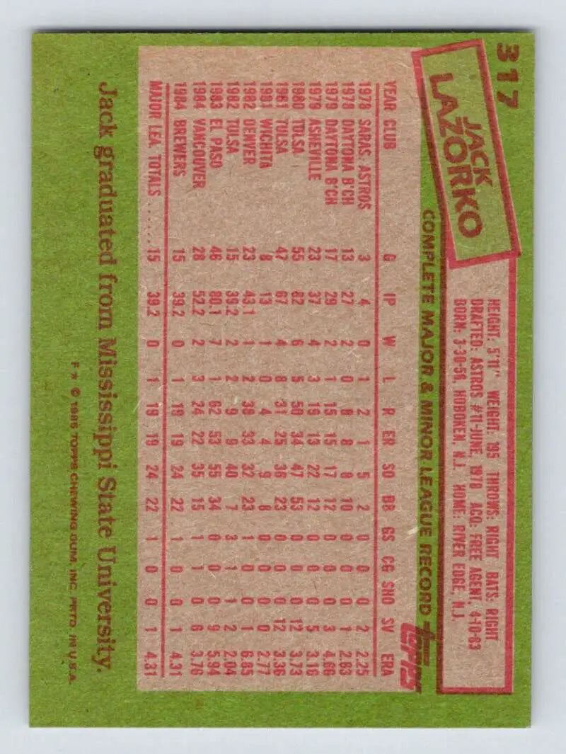 1985 Topps #317 Jack Lazorko EX Excellent RC Rookie Milwaukee Brewers Baseball Card - Baseball Card Single