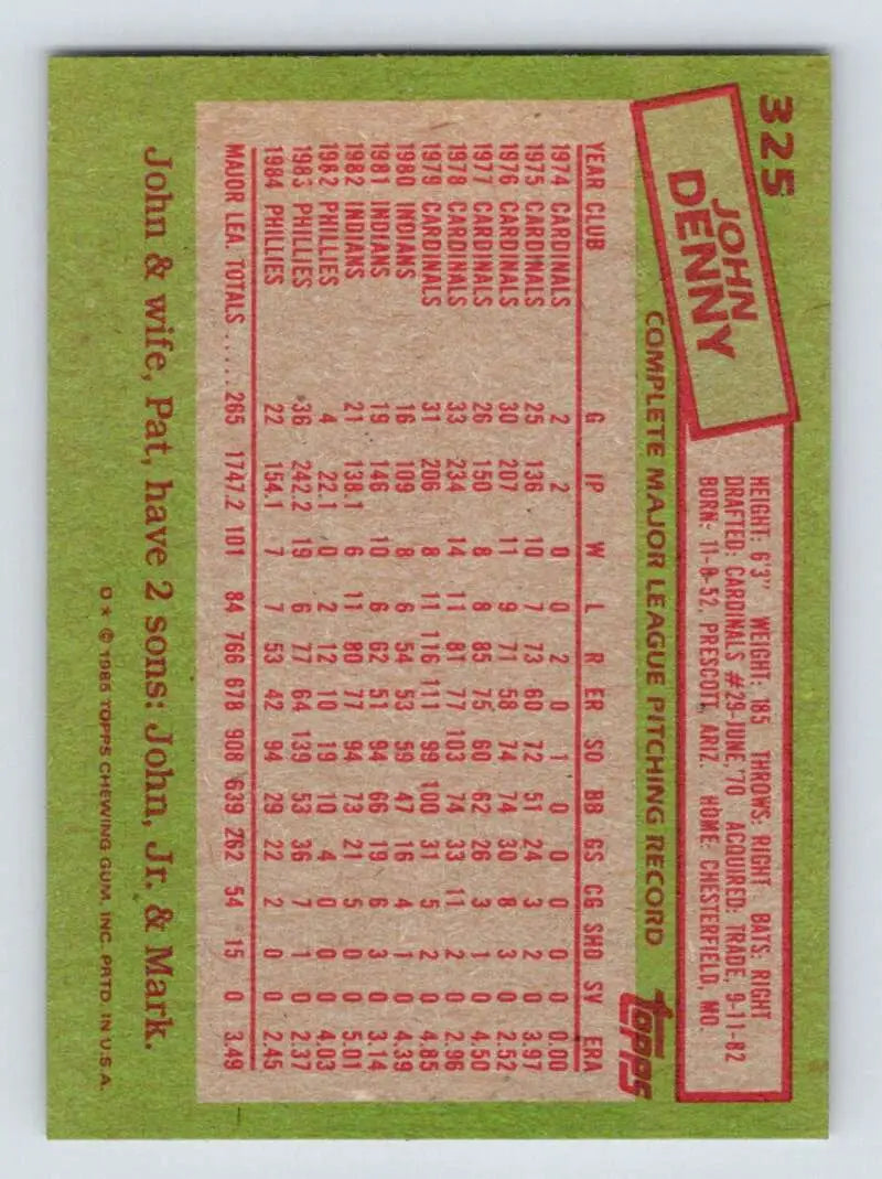 1985 Topps #325 John Denny EX Excellent Philadelphia Phillies Baseball Card - Baseball Card Single
