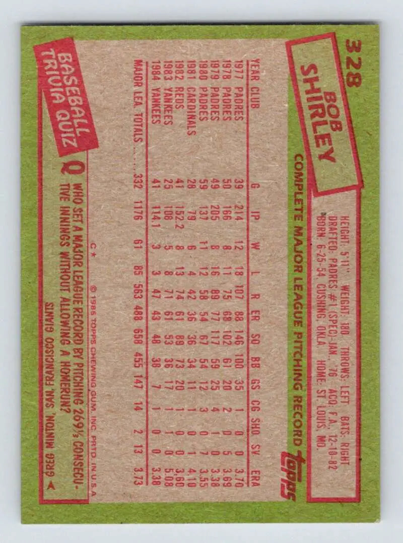 1985 Topps #328 Bob Shirley EX Excellent New York Yankees Baseball Card - Baseball Card Single