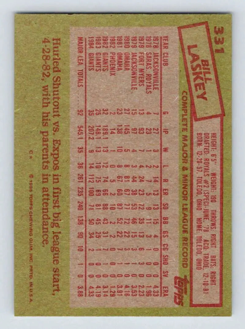 1985 Topps #331 Bill Laskey EX Excellent San Francisco Giants Baseball Card - Baseball Card Single