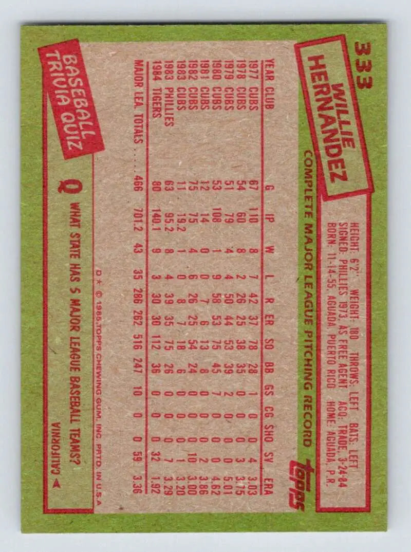 1985 Topps #333 Willie Hernandez EX Excellent Detroit Tigers Baseball Card - Baseball Card Single