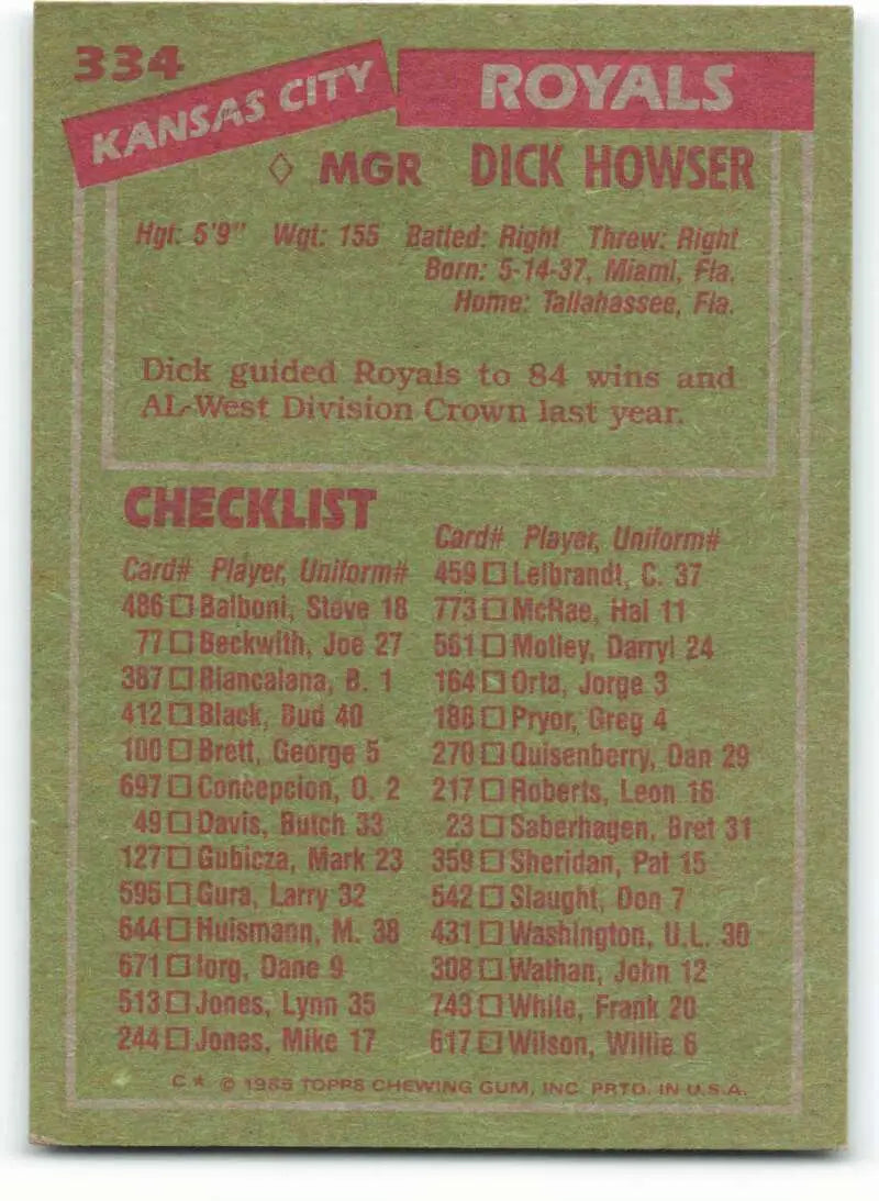 1985 Topps #334 Dick Howser EX Excellent Kansas City Royals Baseball Card - Baseball Card Single