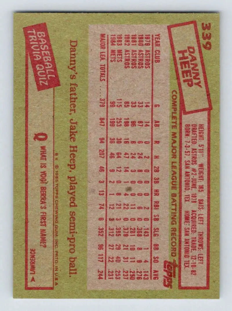 1985 Topps #339 Danny Heep EX Excellent New York Mets Baseball Card - Baseball Card Single