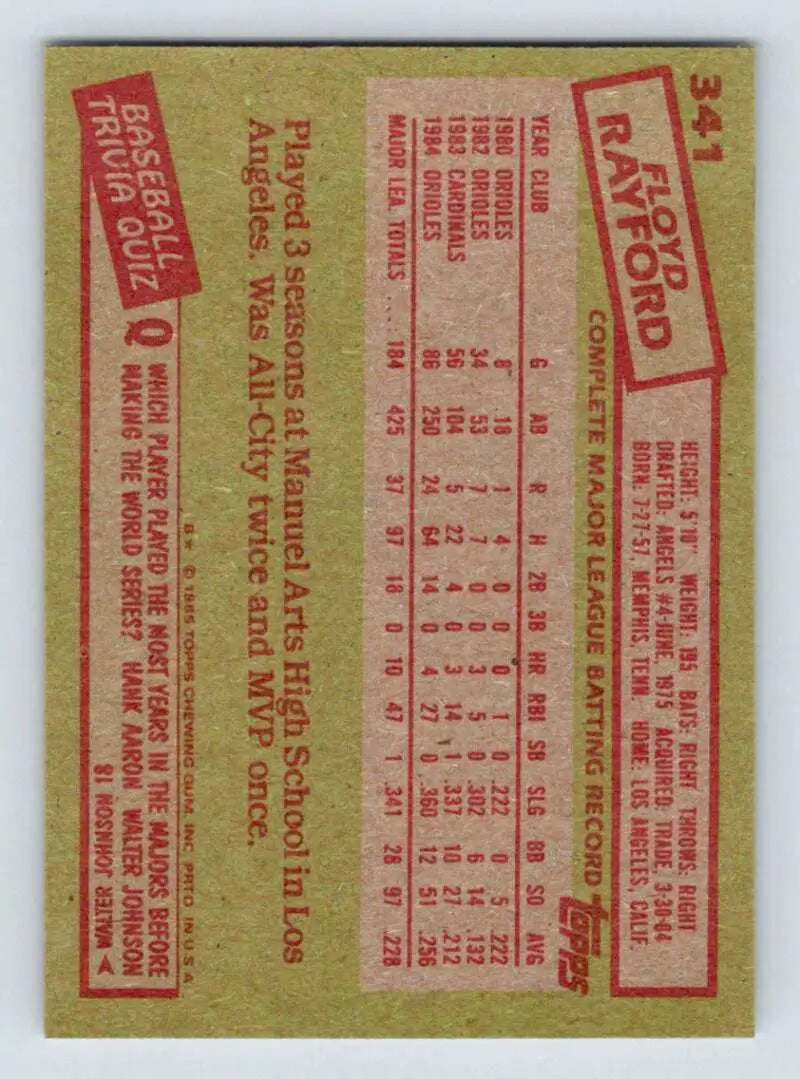 1985 Topps #341 Floyd Rayford EX Excellent Baltimore Orioles Baseball Card - Baseball Card Single