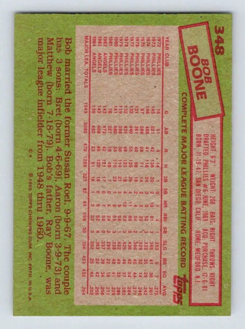 1985 Topps #348 Bob Boone EX Excellent California Angels Baseball Card - Baseball Card Single