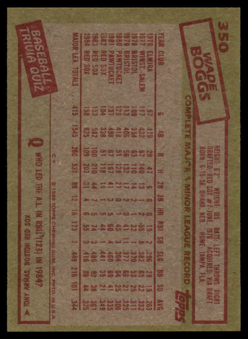 1985 Topps #350 Wade Boggs EX Excellent Boston Red Sox Baseball Card - Baseball Card Single