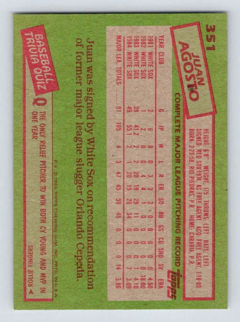 1985 Topps #351 Juan Agosto EX Excellent Chicago White Sox Baseball Card - Baseball Card Single