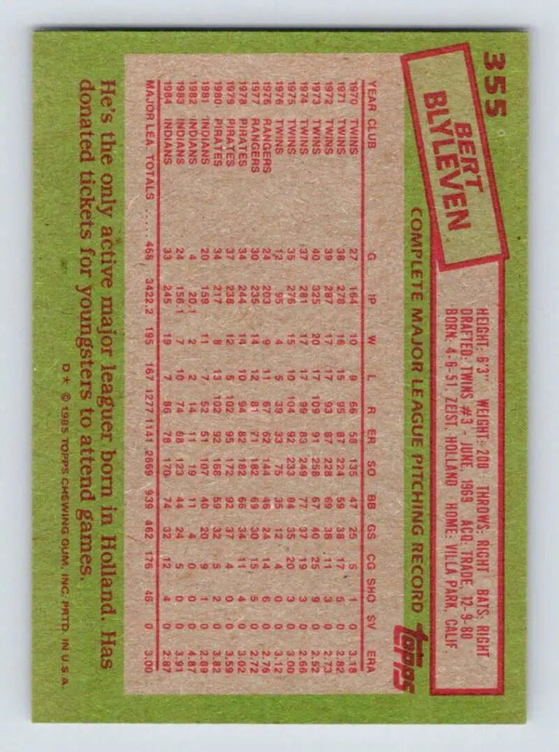 1985 Topps #355 Bert Blyleven EX Excellent Cleveland Indians Baseball Card - Baseball Card Single