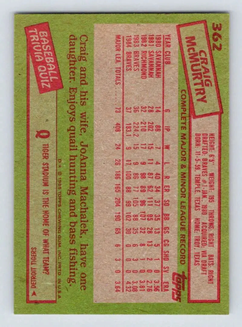 1985 Topps #362 Craig McMurtry EX Excellent Atlanta Braves Baseball Card