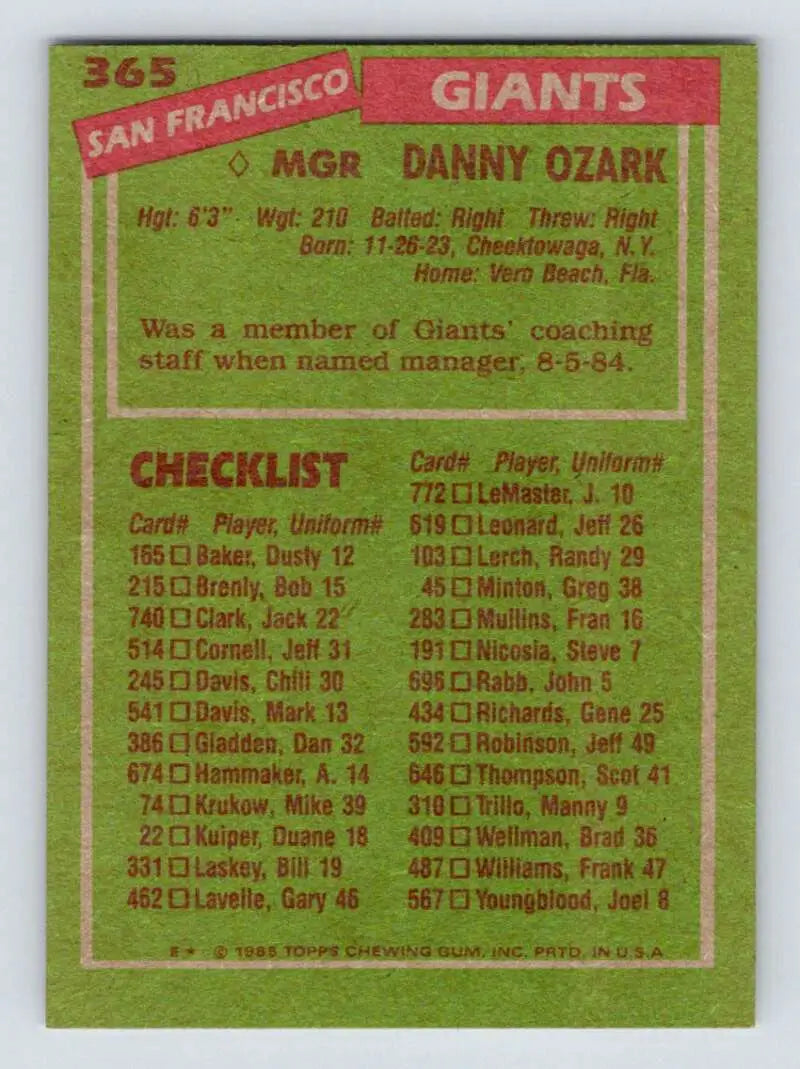 1985 Topps #365 Danny Ozark EX Excellent San Francisco Giants Baseball Card - Baseball Card Single