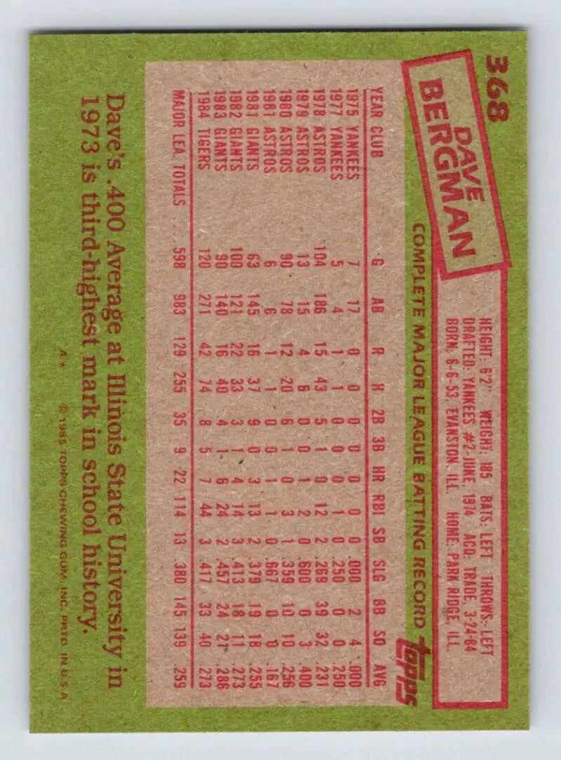 1985 Topps #368 Dave Bergman EX Excellent Detroit Tigers Baseball Card