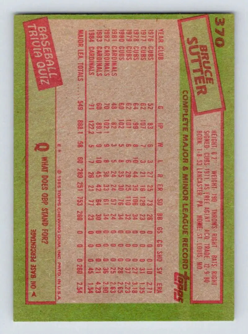 1985 Topps #370 Bruce Sutter EX Excellent St. Louis Cardinals Baseball Card - Baseball Card Single