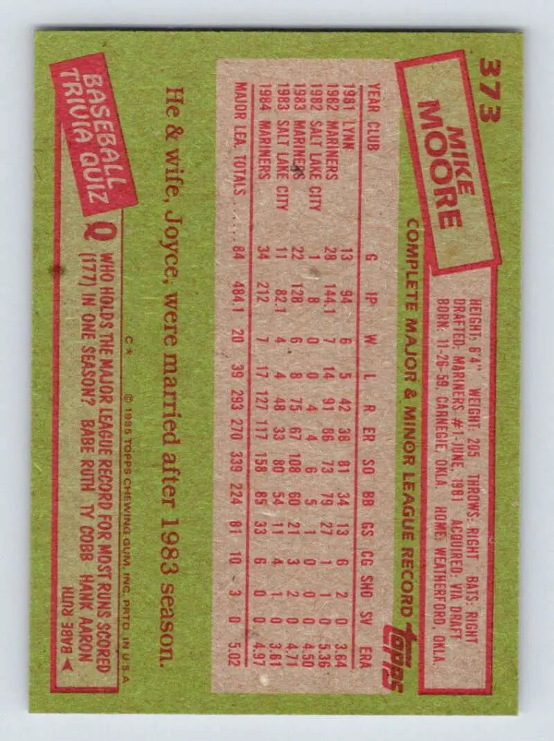 1985 Topps #373 Mike Moore EX Excellent Seattle Mariners Baseball Card - Baseball Card Single