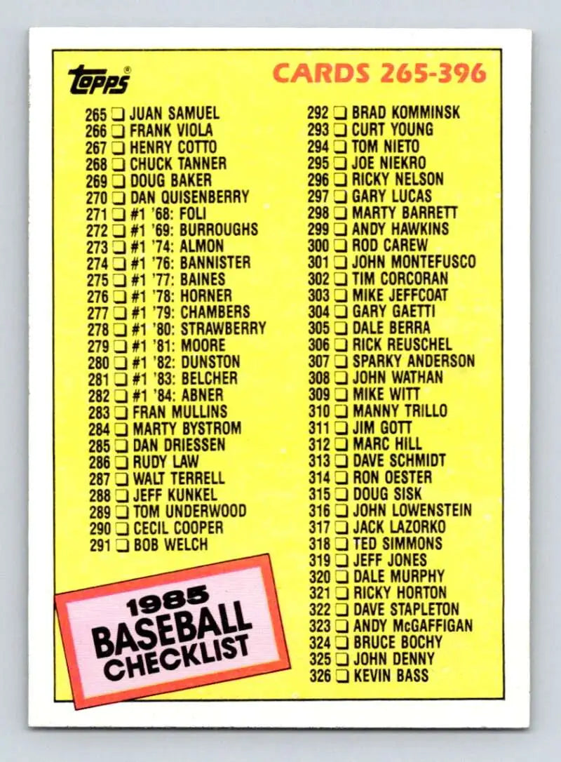 1985 Topps #377 Checklist: 265-396 EX Excellent Baseball Card - Baseball Card Single