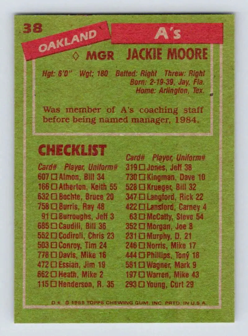 1985 Topps #38 Jackie Moore EX Excellent Oakland Athletics Baseball Card - Baseball Card Single