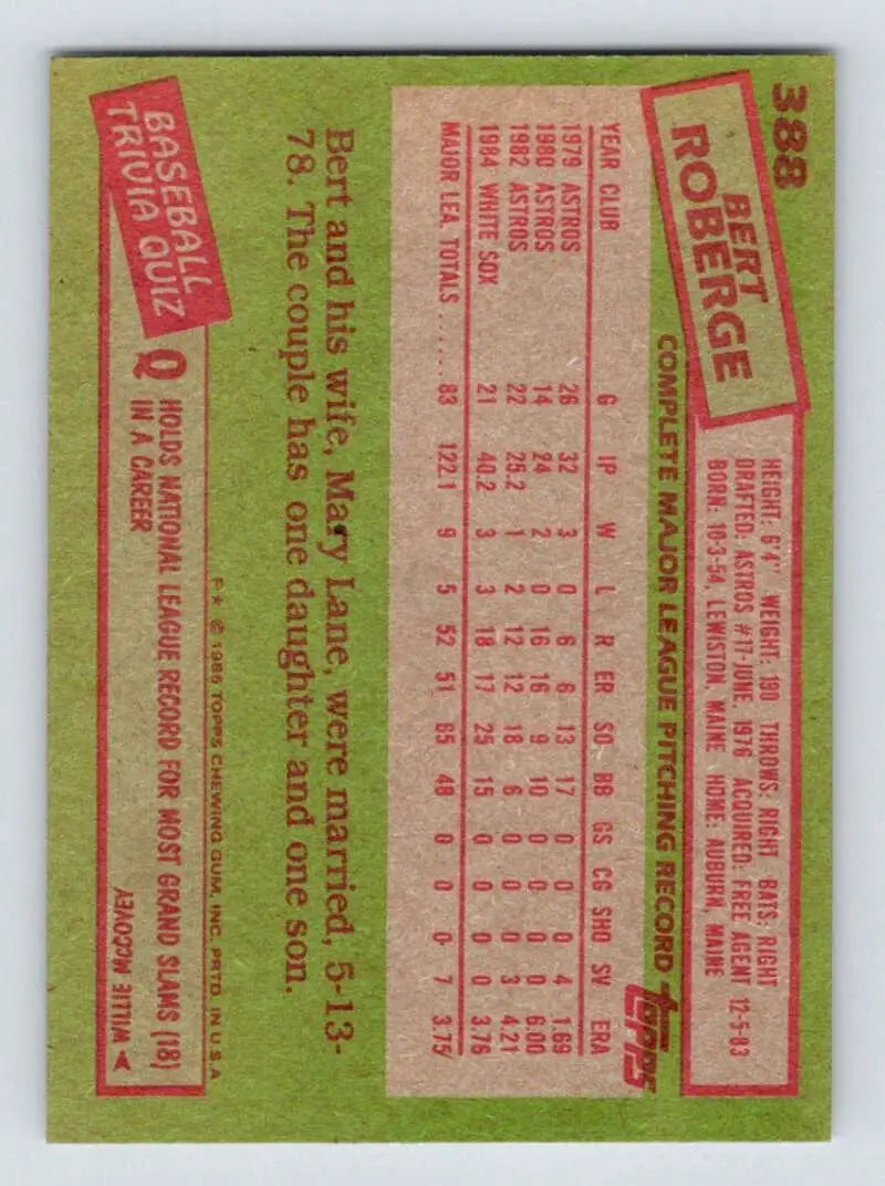 1985 Topps #388 Bert Roberge EX Excellent Chicago White Sox Baseball Card - Baseball Card Single