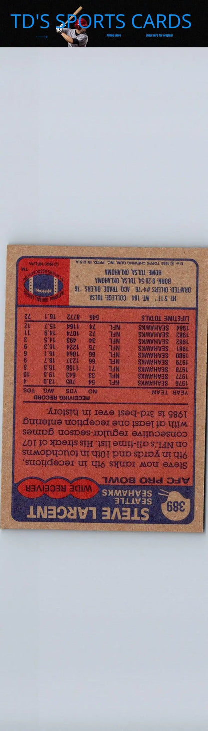 Vintage football card featuring 1985 Topps #389 Steve Largent trading cards