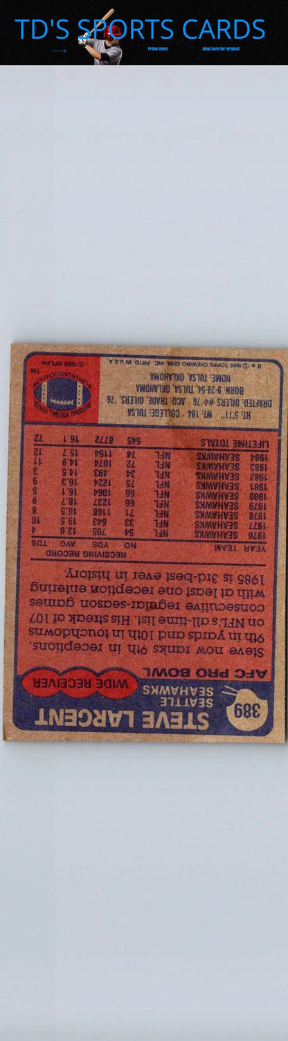 Vintage trading card featuring 1985 Topps #389 Steve Largent, a collectible football item