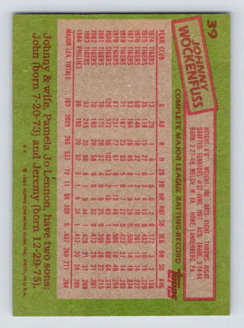 1985 Topps #39 John Wockenfuss EX Excellent Philadelphia Phillies Baseball Card - Baseball Card Single