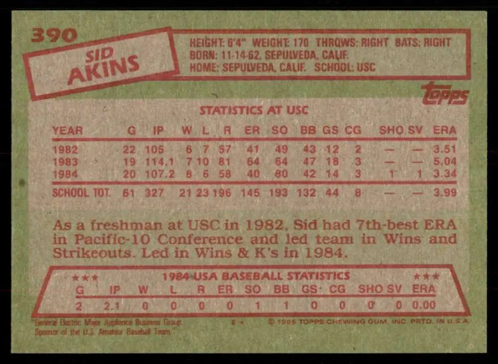 1985 Topps #390 Sid Akins EX Excellent RC Rookie USA Baseball Card - Baseball Card Single