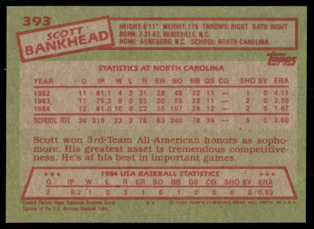 1985 Topps #393 Scott Bankhead EX Excellent RC Rookie USA Baseball Card