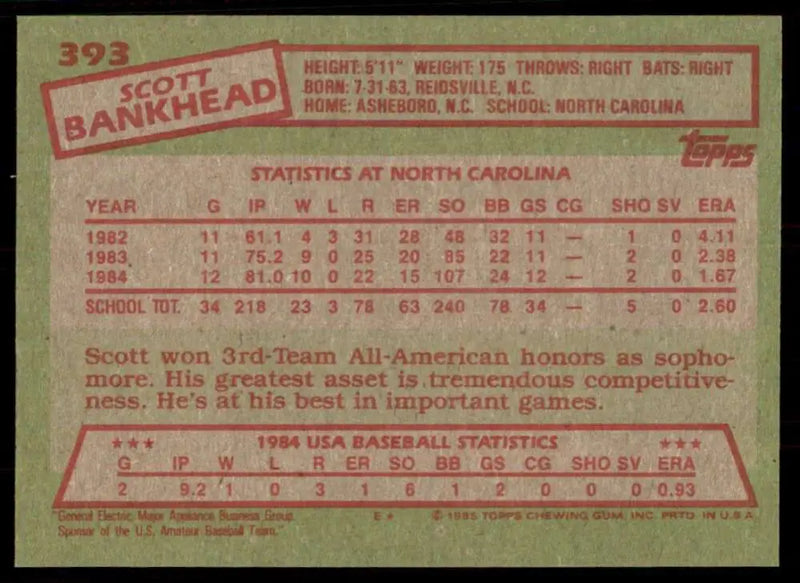 1985 Topps #393 Scott Bankhead EX Excellent RC Rookie USA Baseball Card