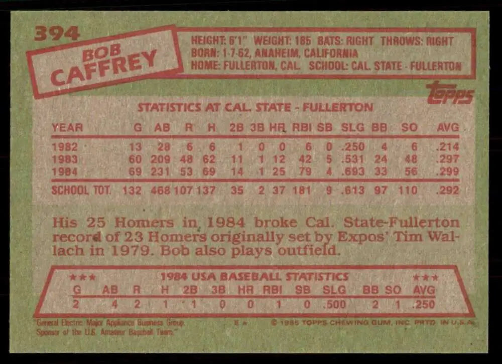 1985 Topps #394 Bob Caffrey EX Excellent RC Rookie USA Baseball Card - Baseball Card Single