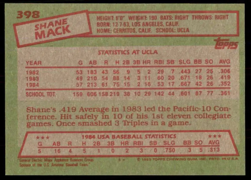 1985 Topps #398 Shane Mack EX Excellent RC Rookie USA Baseball Card - Baseball Card Single